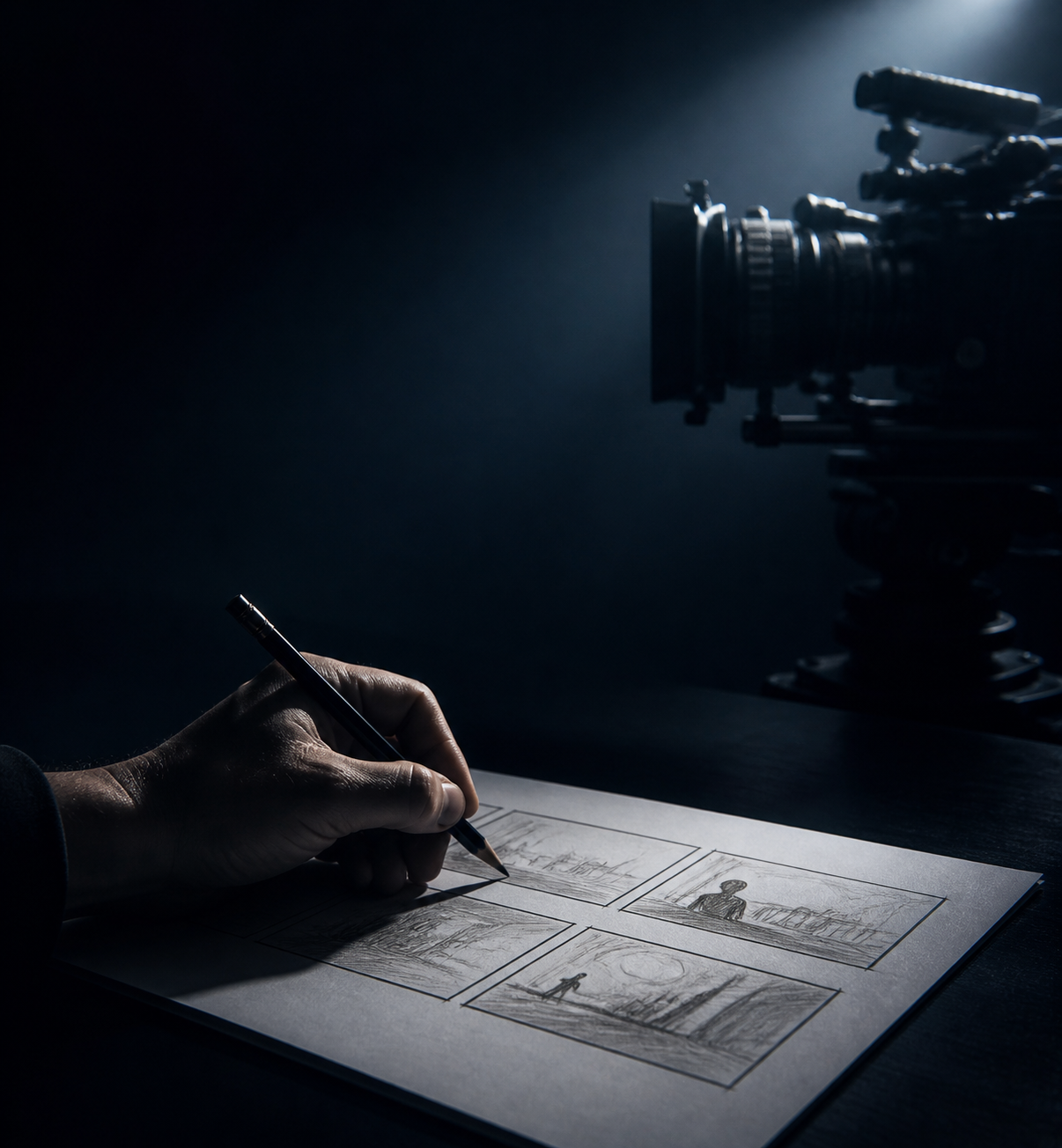 Een hand tekent een storyboard naast een filmcamera
